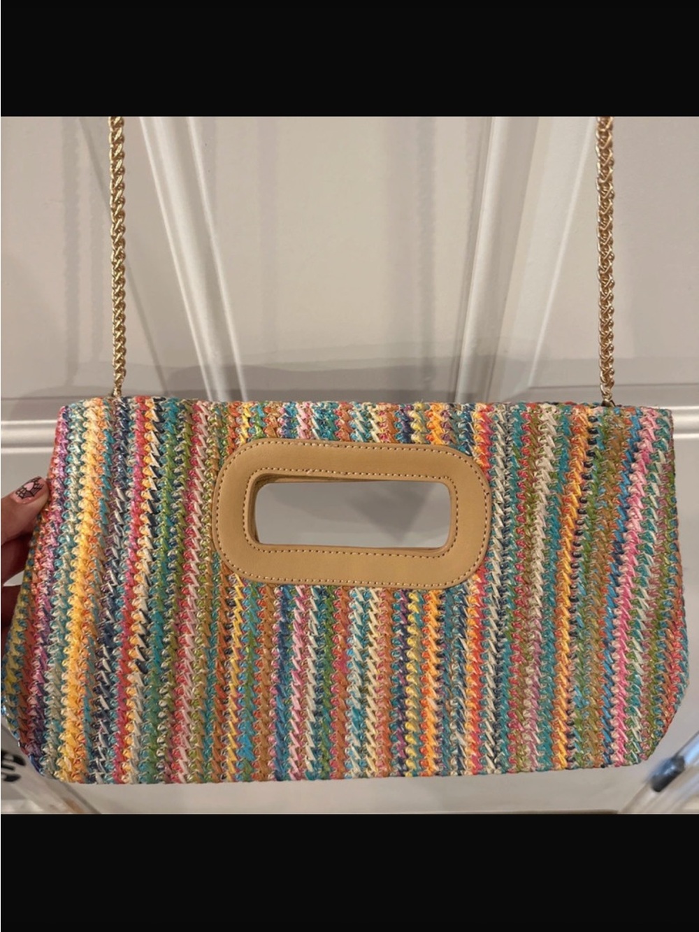 Multicolor Woven Clutch with Tan Trim and Chain Strap
